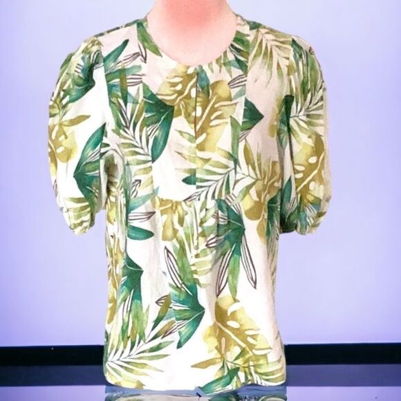SIGRID OLSEN MEDIUM BLOUSE TOP PUFFY SLEEVES LINEN/RAYON GREEN TROPICAL PRINT - Picture 1 of 7